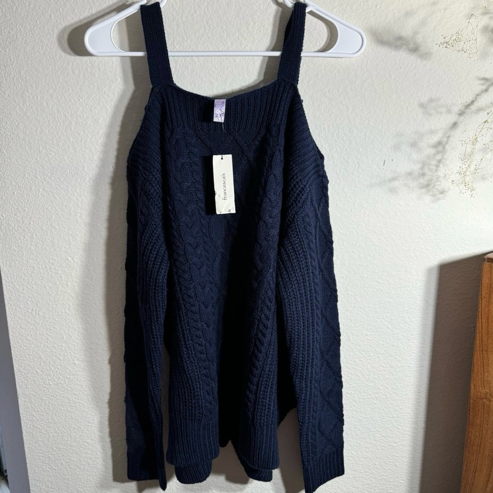 Francesca's Alya Navy Cable Knit Cold Shoulder Sweater
